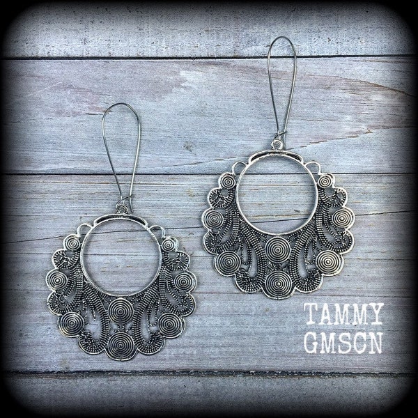 Ornate silver filigree earrings Hoop earrings Aphrodite earrings Gypsy earrings Witchy earrings Goddess earrings Boho chic jewelry Gauges