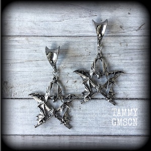 Bat earrings Bat ear weights 5/8&quot; 16mm ear weights Gothic earrings Pentagram earrings Gauged earrings 6g 2g 0g 00g 12mm 14mm 16mm 22mm 1&quot;