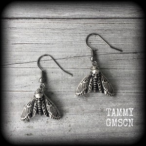 May include: A pair of silver-toned moth earrings. Each earring features a moth design with a skull head and detailed wing patterns. The earrings have a hook closure. The background is a light gray wooden surface. The text "TAMMY GMSCN" is visible.