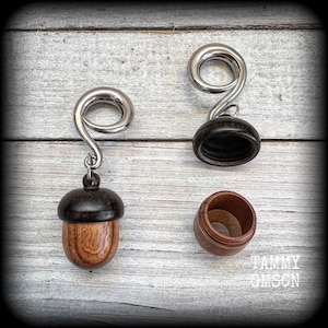 May include: Two silver metal ear gauges with wooden acorn-shaped plugs. The plugs are made of dark wood with a lighter wood cap. The plugs are open on one side and have a small metal loop on the top.