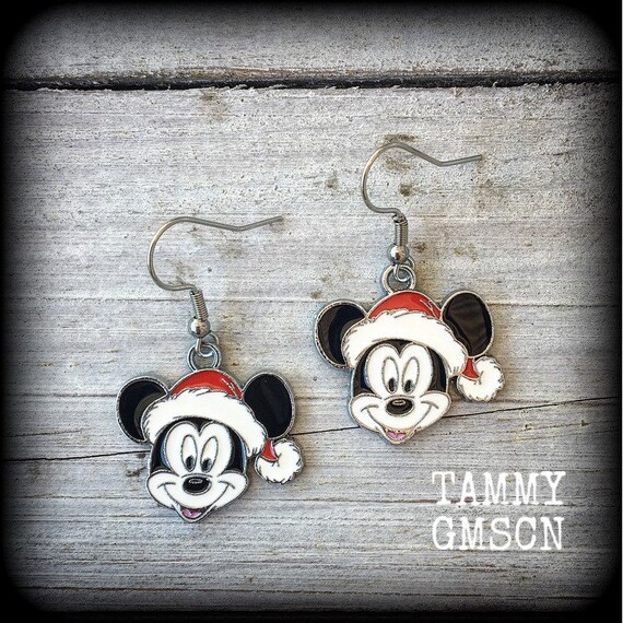 Christmas Earrings Mickey Earrings Mouse Earrings Yule Santa Hat