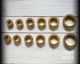 DIY Ornate gold tone tunnels Screw fit connector tunnels MYO Earlets Plugs Dangles Gauged earrings 2g 0g 00g 1/2” 9/16” 5/8” 3/4” 7/8” 1”
