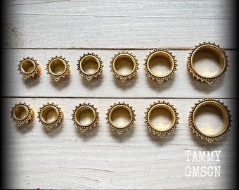 DIY Ornate gold tone tunnels Screw fit connector tunnels Earlet Plugs Gauged earrings 2g 0g 00g 6mm 8mm 10mm 12mm 14mm 16mm 19mm 22mm 25mm