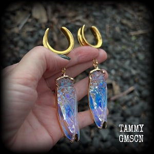 May include: A pair of gold-toned ear plugs featuring dangling iridescent cicada-shaped charms. Each charm has a metallic gold border and a translucent, shimmering body that reflects blue and purple hues, suspended from a curved gold-toned saddle plug.