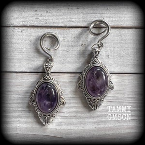 Amethyst gauged earrings Gothic jewelry 6 gauge ear weights Amethyst ear weights Gemstone ear weights Body jewelry 4mm 6mm 8mm 10mm 12mm