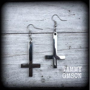 Inverted Cross earrings Upside down cross earrings Church of Satan jewelry Satanic jewelry Body jewelry Occult Pierced ears Gauged earrings