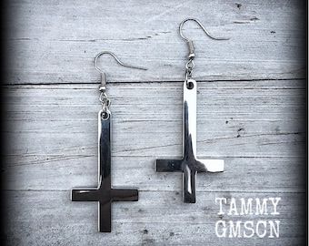 Inverted Cross earrings Upside down cross earrings Church of Satan jewelry Satanic jewelry Body jewelry Occult Pierced ears Gauged earrings