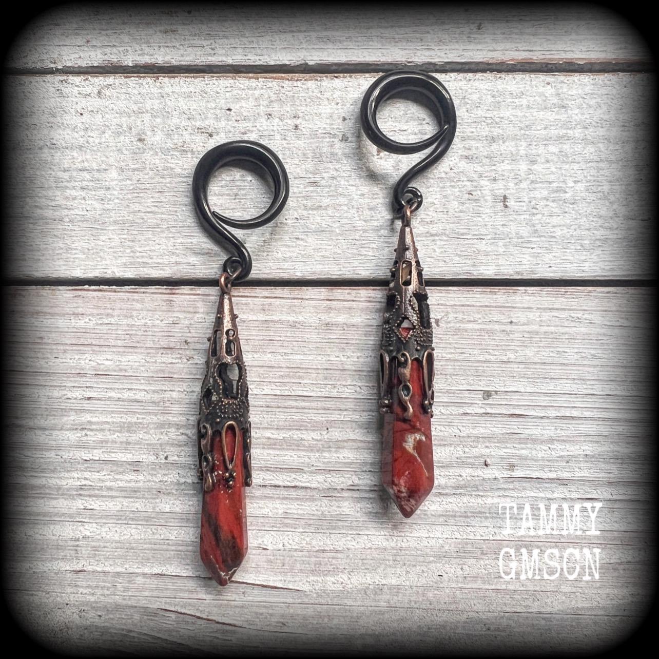 Blossom jasper ear hangers 6 gauge ear weights Steampunk Ear gauges Gemstone ear weights 6g 2g 0g 00g 1/2" 9/16" 5/8" 3/4" 7/8" 1" 1.10"