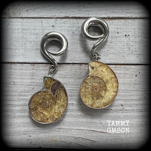 Boucles d'oreilles calibrées en ammonite Poids d'oreilles en ammonite Poids d'oreilles fossiles Poids d'oreilles calibre 0 Lobes étirés 6 g 2 g 0 g 00 g 1/2” 9/16” 5/8” 3/4” 7/8”
