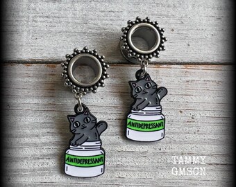 Grey cat tunnel earrings 00 gauge tunnels Antidepressant cat pills earrings 10mm tunnel dangles 6g 2g 0g 00g 1/2” 9/16” 5/8” 3/4” 7/8” 1”
