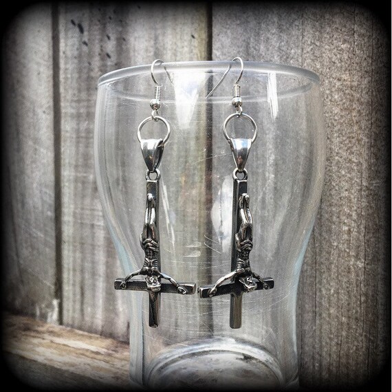 thumbnail image 2 of OIDEA Inverted Cross Earrings - Gothic Dangle Drop Earrings For Men & Women | Stainless Steel Fake Gauges 2 of 11