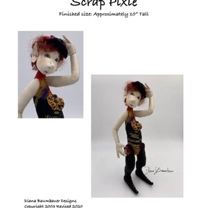 Może przedstawiać: Wzór na ręcznie robioną lalkę Scrap Pixie, o wysokości około 25 cm. Lalka jest ubrana w czarny i czerwony kostium z żółto-pomarańczową lamówką. Wzór pochodzi od Diana Baumbauer Designs i jest chroniony prawami autorskimi z 2003 roku, zrewidowany w 2020 roku.