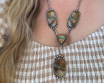 Statement Boulder Ribbon Turquoise necklace & earring set, sterling silver Navajo handmade (see description) free shipping from Arizona