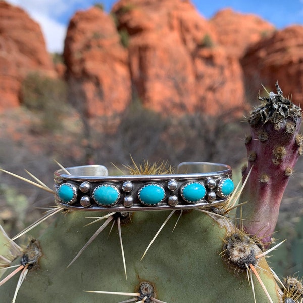 Handmade Navajo Kingman Turquoise Sterling Silver Cuff Bracelet