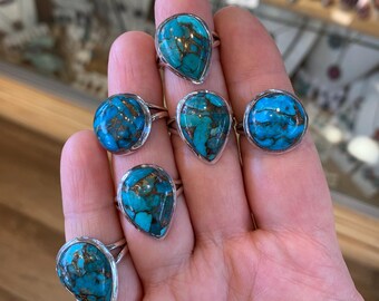 Kingman Turquoise Sterling Silver Ring: Teardrop or Round Stone