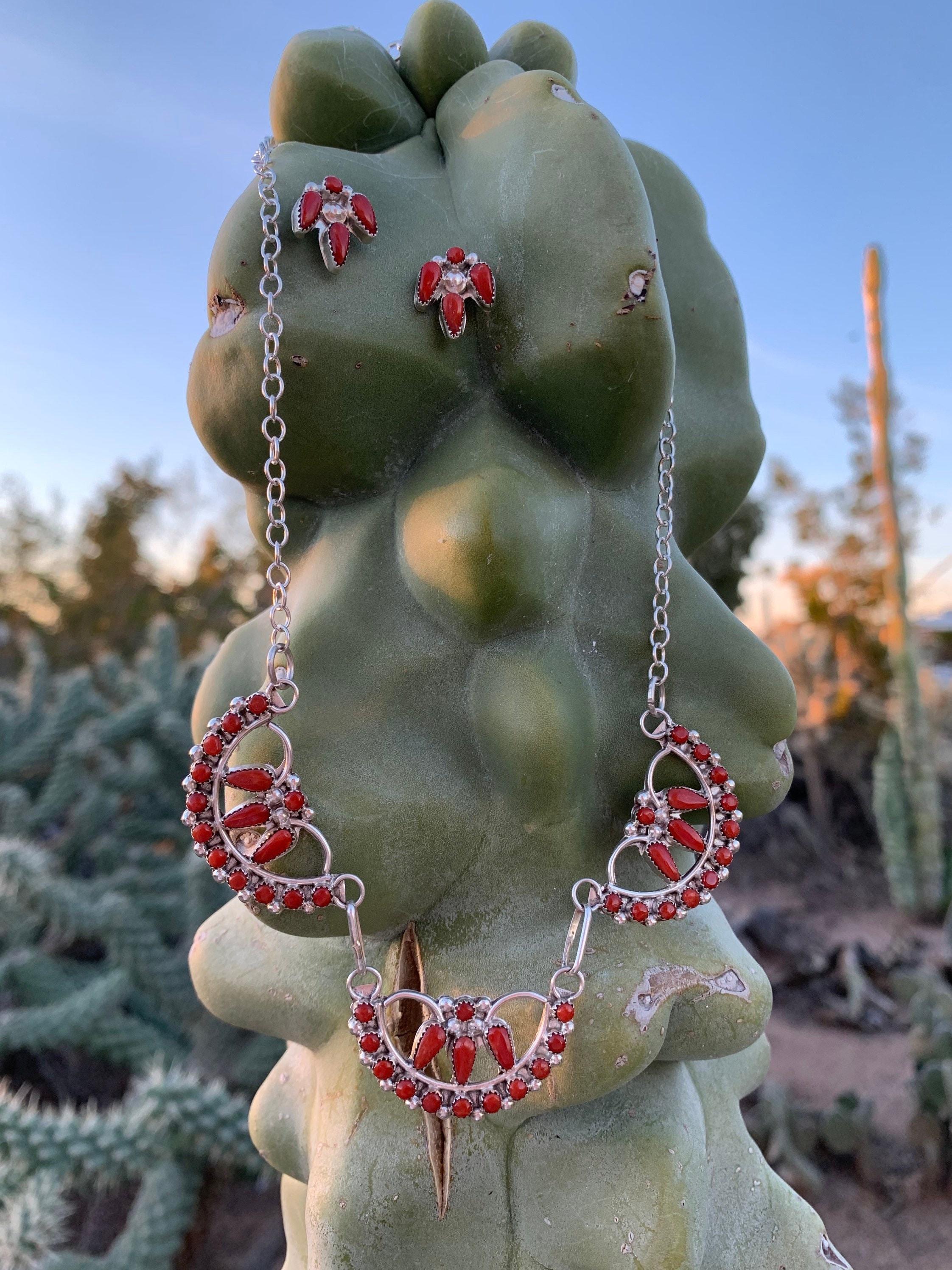 Red Coral Necklace and Earring Set, Sterling Silver (see