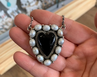 Black Onyx & Pearl Heart necklace, sterling silver (see description) Free shipping from Arizona