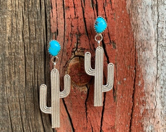 Handmade Navajo Sterling Silver Saguaro Cactus Turquoise Earrings