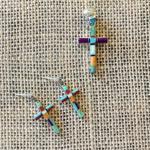 Multi-stone Cross SET, Inlay pendant and earrings sterling silver FREE Shipping  (see description for details)