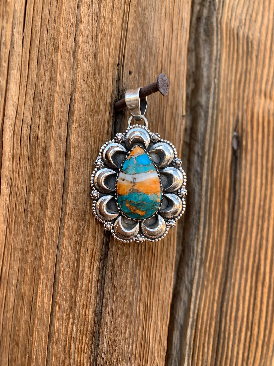 Red Spiny Oyster & Golden Hills Turquoise Sterling Silver Pendant – Stamped Gilbert Nez