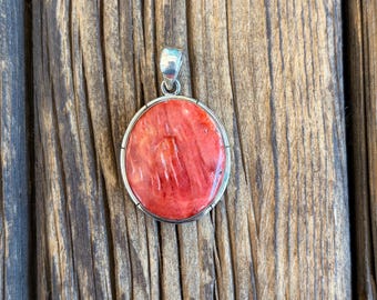 Red Spiny Oyster shell Pendant, sterling silver FREE Shipping  (see description for details)