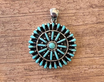 Handmade Kingman Turquoise Pendant, Needlepoint Sterling Silver
