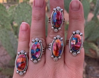 Pink Dahlia Spiny Oyster & Kingman Turquoise Sterling Silver Ring (see description) Free Shipping from Arizona