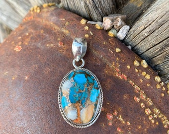 Orange Spiny Oyster Shell and Turquoise pendant, sterling silver (see description) Free Shipping