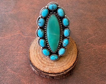 Kingman Turquoise and Green Aventrine Ring, Adjustable size 7.5, Sterling Silver