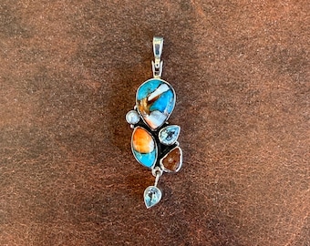 Spiny Oyster shell, Pearl, Blue Topaz, and Carnelian Pendant, sterling silver FREE Shipping  (see description for details)