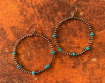 Hoop Navajo Pearl, Turquoise nugget lightweight earring, Sterling Silver handmade jewelry (see description)  Free Shipping from Arizona