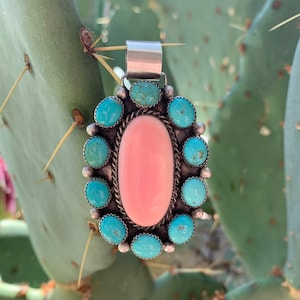 Pink Conch Shell and Kingman Turquoise pendant, sterling silver (see description)  free shipping from Arizona
