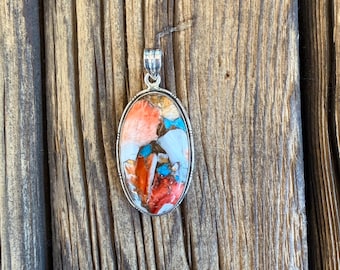 Spiny Oyster shell & Turquoise Pendant, sterling silver FREE Shipping  (see description for details)