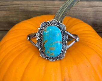 Kingman Turquoise Cuff Bracelet, Sterling Silver Navajo Handmade