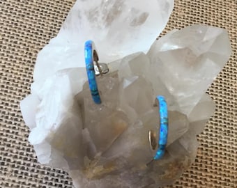 Blue Opal Sterling Silver Hoop Earrings - Handmade