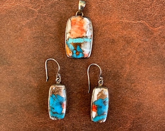 Spiny Oyster Shell & Kingman Turquoise Pendant and Earring SET, sterling silver (see description for details) free shipping from Arizona