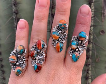 Spiny Oyster Shell & Turquoise Sterling Silver Ring, statement jewelry (see description) Free Shipping from Arizona