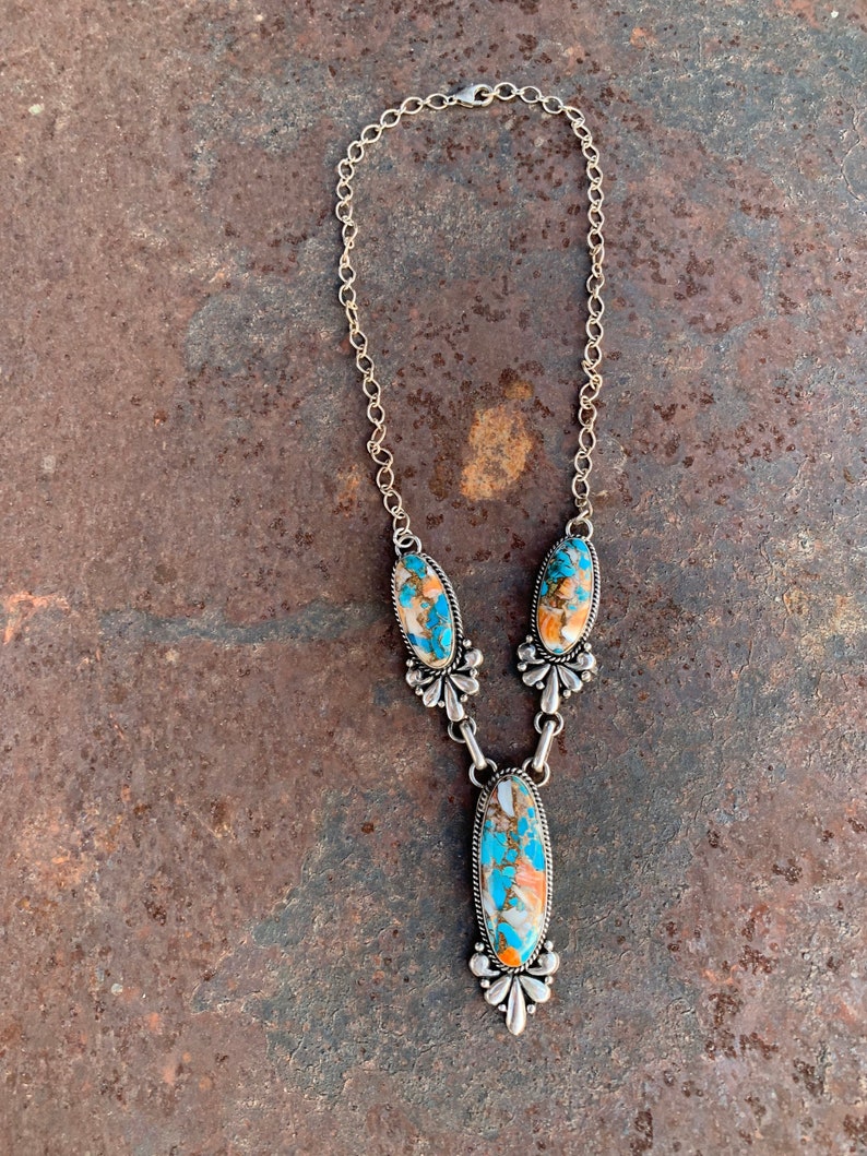 Statement Spiny Oyster & Kingman Turquoise Necklace, Sterling Silver