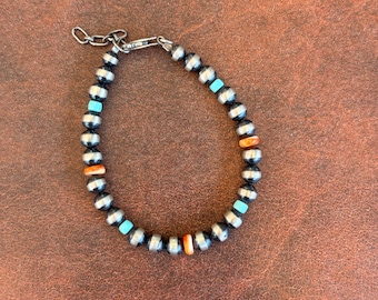 Spiny Oyster, Turquoise, and Navajo Pearl link bracelet, sterling silver (see description) free shipping from Arizona