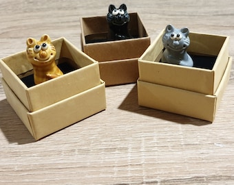 Set of 3 cute, tiny  handmade ceramic/pottery Cat Ornaments/figurines.