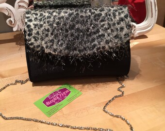 Black and silver Leopard design Metallic material with Silver Black Metallic Eyelash Fringed Novelty Woven prom clutch One of a kind