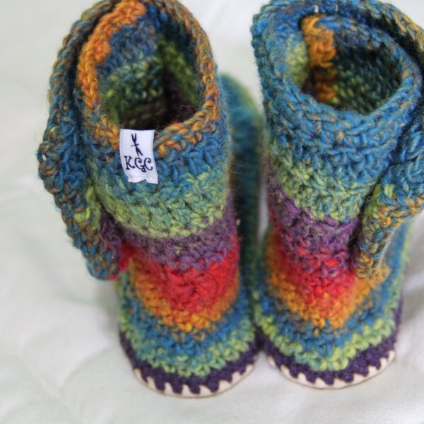Lady's striped crochet double cuff boots with leather soles, crochet slippers, women's slippers, sizes 5 - 11, Optimistic