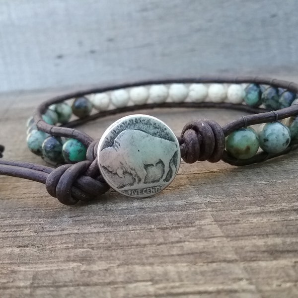 Native American Style Jewelry - Turquoise Bracelet - Mens Gift - Buffalo Nickel Jewelry - Beaded Bracelet - Single Wrap Bracelet