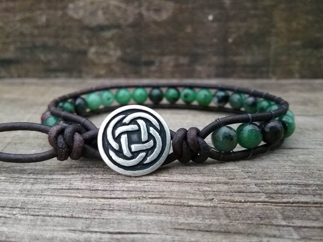 Mens Celtic Jewelry Mens Celtic Bracelet Womens Leather Wrap Bracelet Beaded Bracelet Ruby in