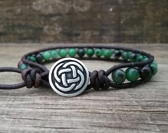 Mens Celtic Jewelry - Mens Celtic Bracelet - Womens Leather Wrap Bracelet - Beaded Bracelet - Ruby in Zoisite Bracelet - Bracelets for Women
