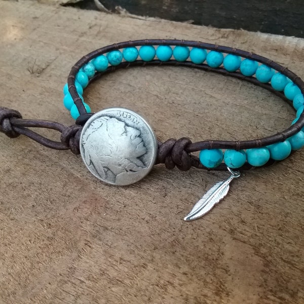 Native American Style Mens Jewelry - Turquoise Bracelet Men - Indian Head Bracelet - Beaded Bracelet - Leather Wrap Bracelet for Women