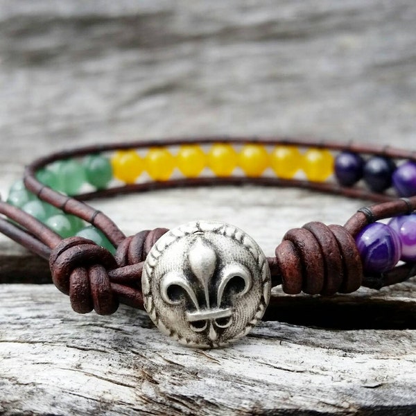 Mardi Gras Bracelet- Fleur de Lis Bracelet - Mens Custom Jewelry - New Orleans Bracelet - NOLA Jewelry - Nawlins