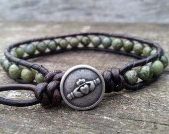 Mens Celtic Bracelet - Claddagh Jewelry - Gifts for Men - Bracelets for Women - Beaded Bracelet - Beaded Leather Wrap Bracelet