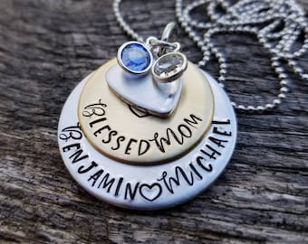 Blessed Mama - Mothers Day Necklace - Birthstone Necklace with Kids Names