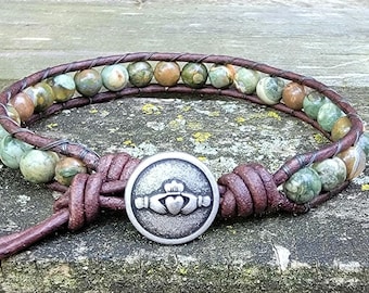 Mens Celtic Bracelet - Claddagh Jewelry - Gifts for Men - Bracelets for Women - Beaded Bracelet - Beaded Leather Wrap Bracelet